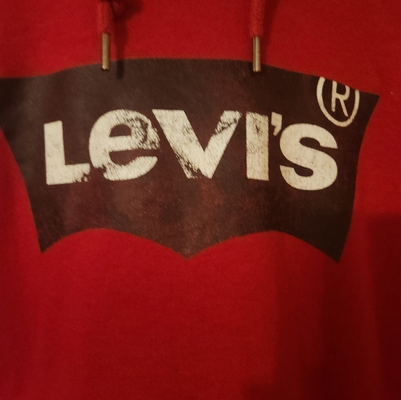 Men's Levi's Size L Hooded Sweatshirt Red Black Colorblock Logo Spellout - Picture 2 of 5